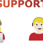 Scritta support e due figure femminili con le cuffie che danno supporto telefonicamente